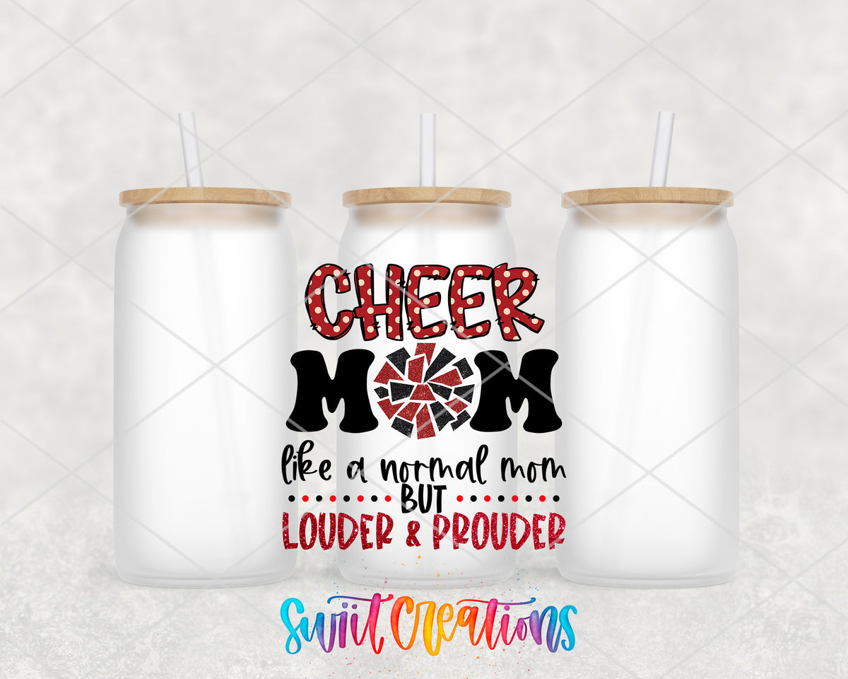 Cheer Mom Red frosted glass tumbler group view with lids and straws