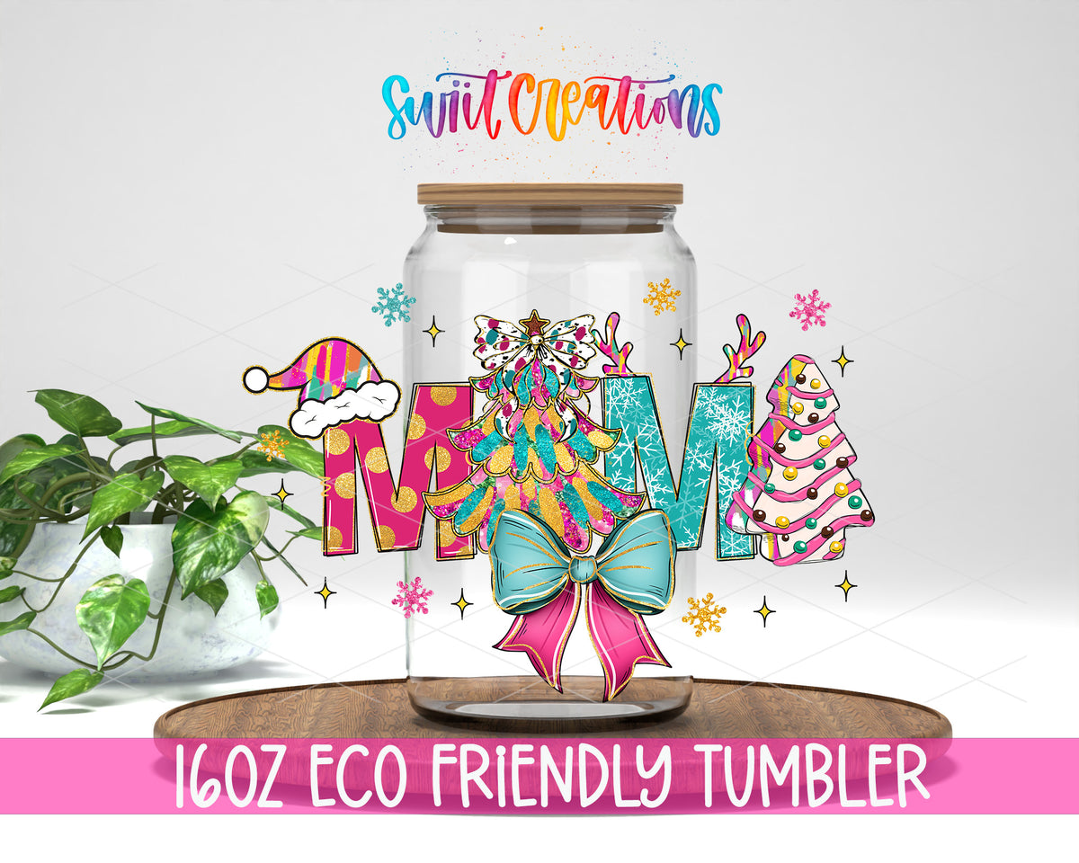 Pastel Christmas Mama design on a 16 oz clear glass tumbler with bamboo lid