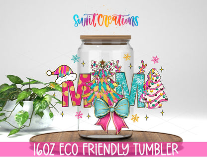 Pastel Christmas Mama design on a 16 oz clear glass tumbler with bamboo lid