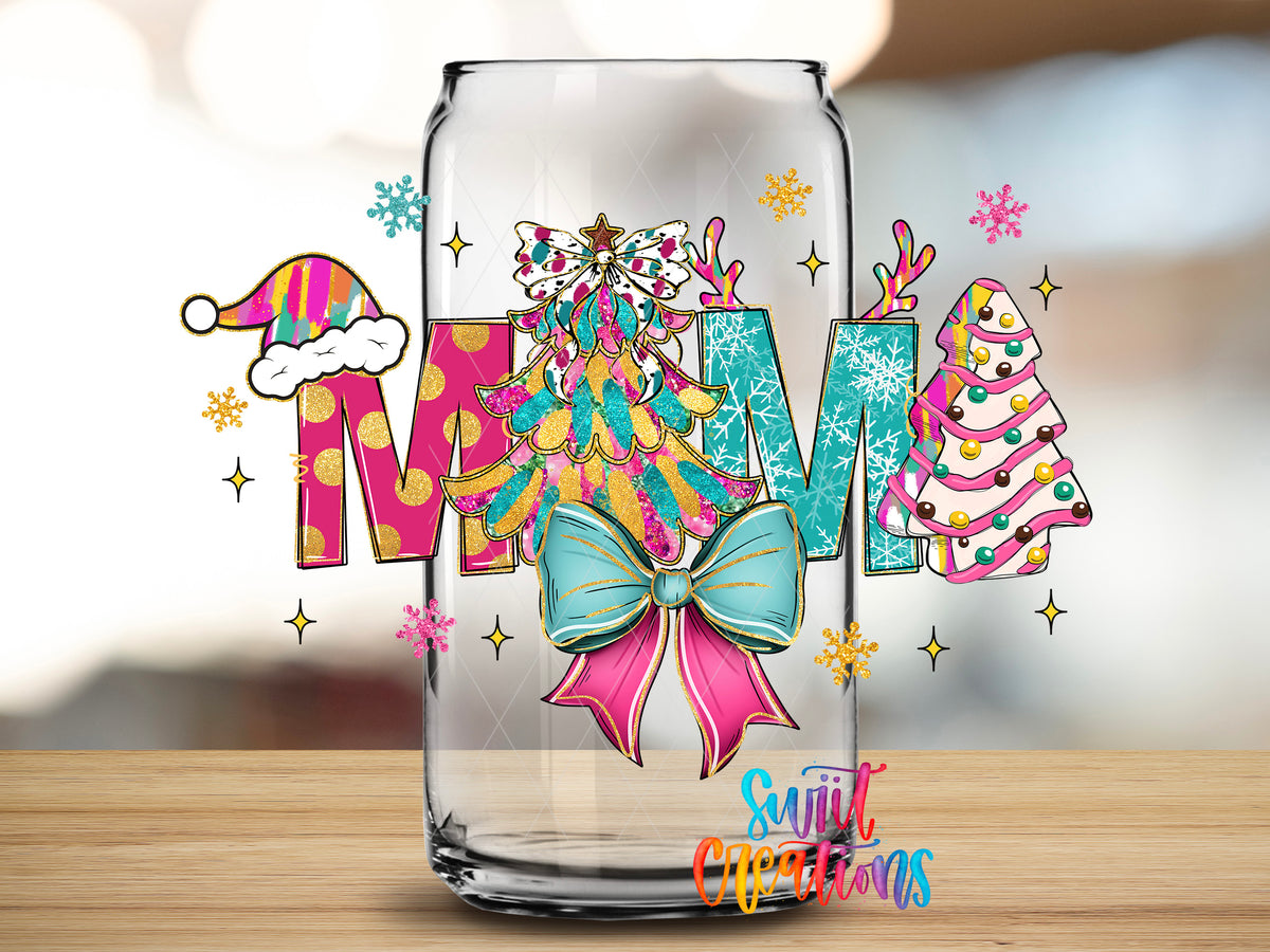 Pastel Christmas Mama design close-up on a clear glass can tumbler
