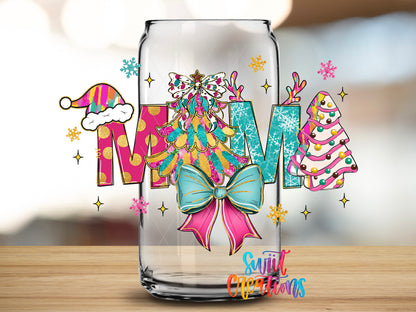 Pastel Christmas Mama design close-up on a clear glass can tumbler