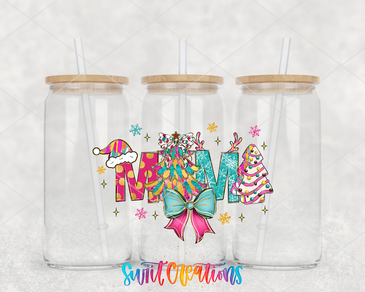 Pastel Christmas Mama clear glass tumbler group mockup with bamboo lids and straws