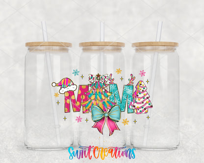 Pastel Christmas Mama clear glass tumbler group mockup with bamboo lids and straws