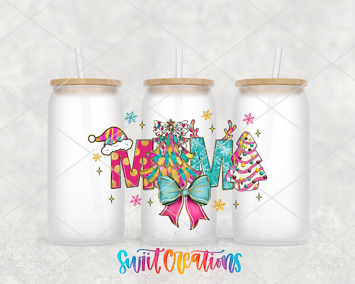 Pastel Christmas Mama frosted glass tumbler group view with lids and straws