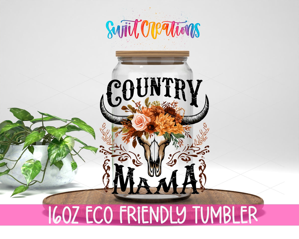 Country Mama design on a 16 oz clear glass tumbler with bamboo lid