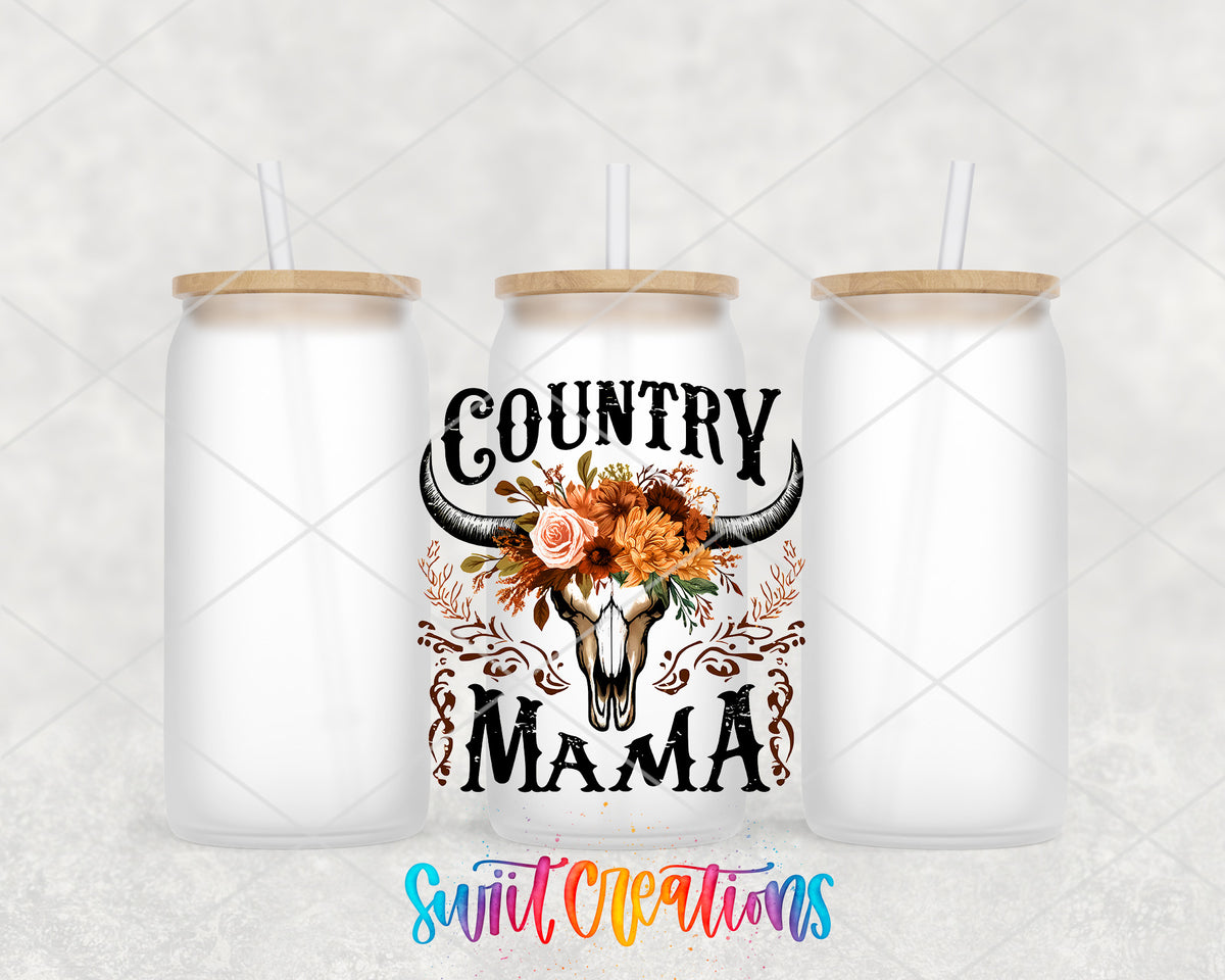 Country Mama frosted glass tumbler group view with lids and straws