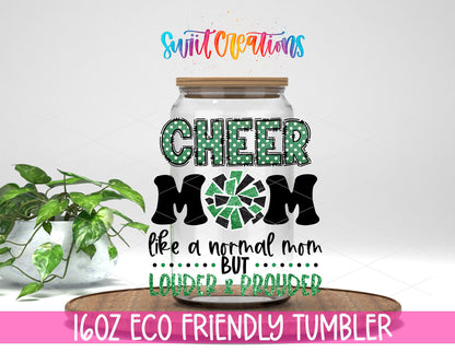 Cheer Mom Green design on a 16 oz clear glass tumbler with bamboo lid