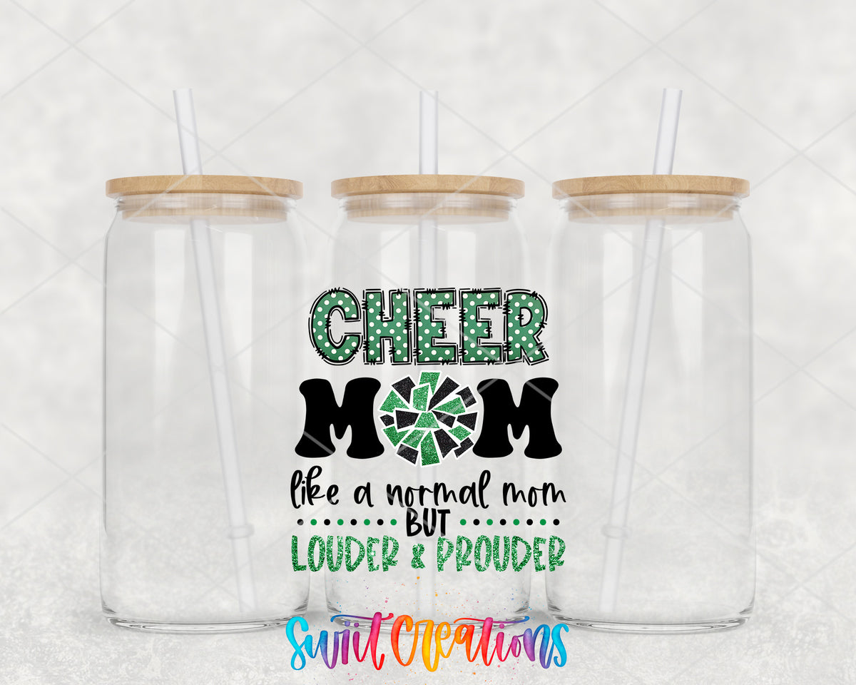 Cheer Mom Green clear glass tumbler group mockup with bamboo lids and straws