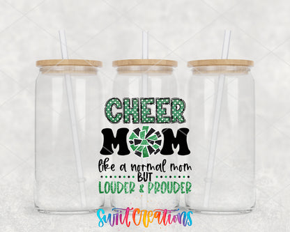Cheer Mom Green clear glass tumbler group mockup with bamboo lids and straws