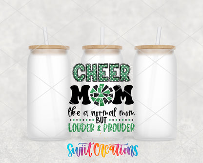 Cheer Mom Green frosted glass tumbler group view with lids and straws