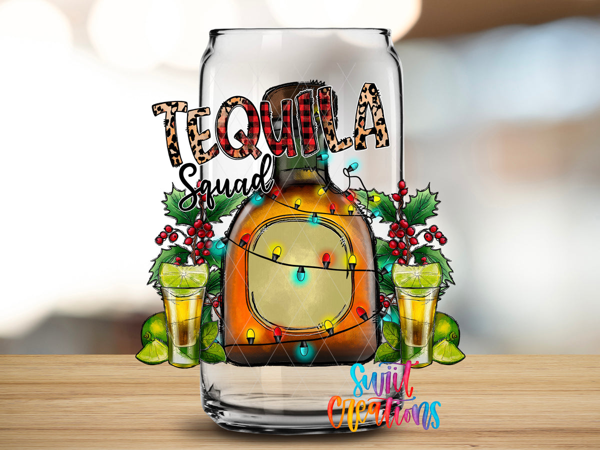 Christmas Tequila Squad design close-up on a clear glass can tumbler