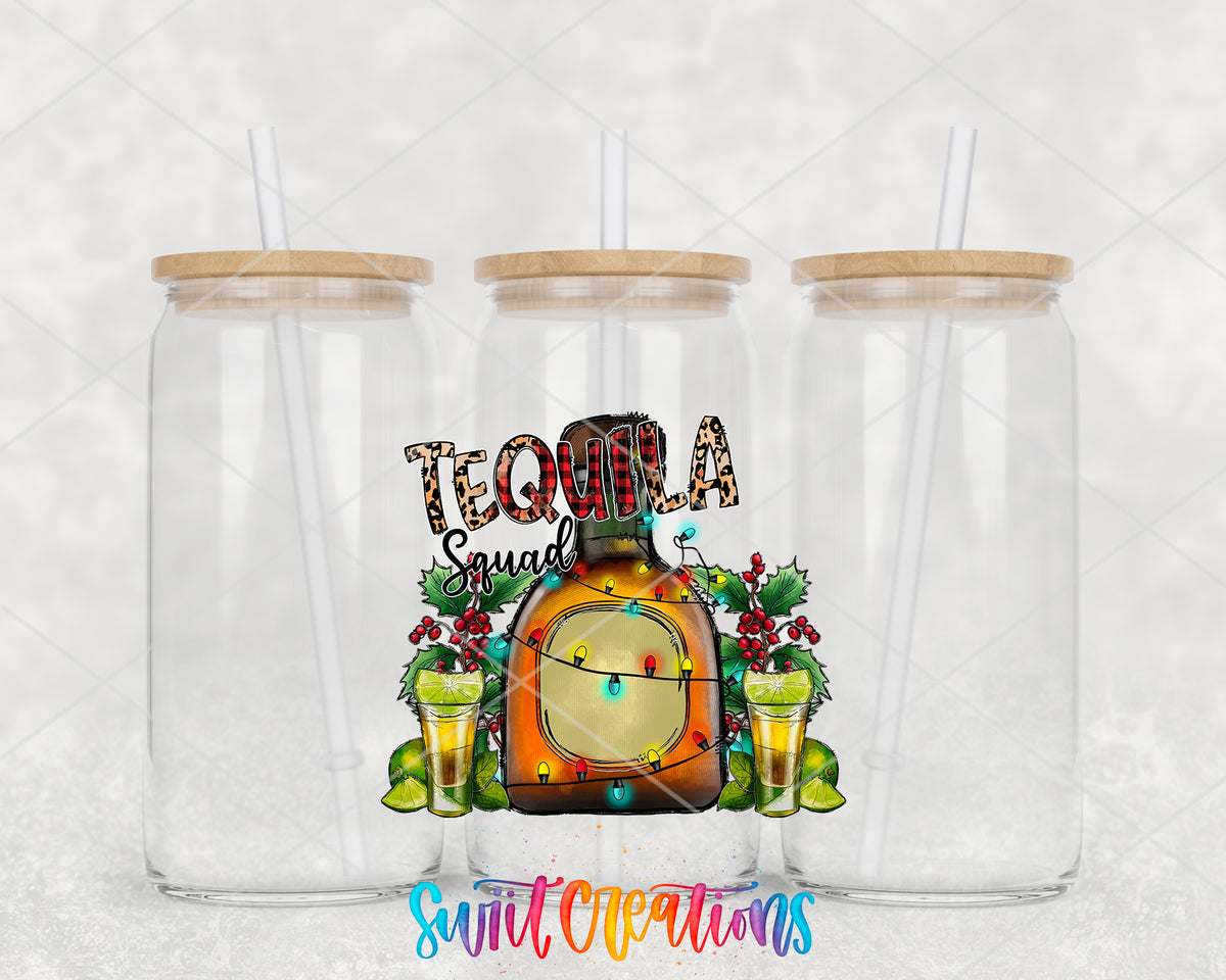 Christmas Tequila Squad clear glass tumbler group mockup with bamboo lids and straws