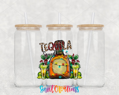 Christmas Tequila Squad clear glass tumbler group mockup with bamboo lids and straws