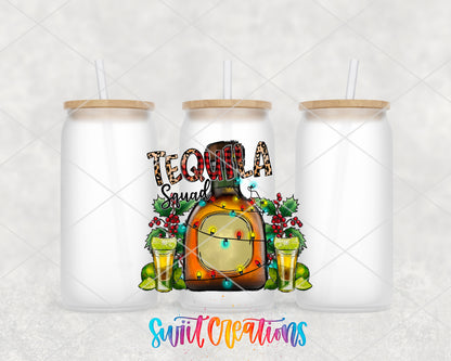 Christmas Tequila Squad frosted glass tumbler group view with lids and straws