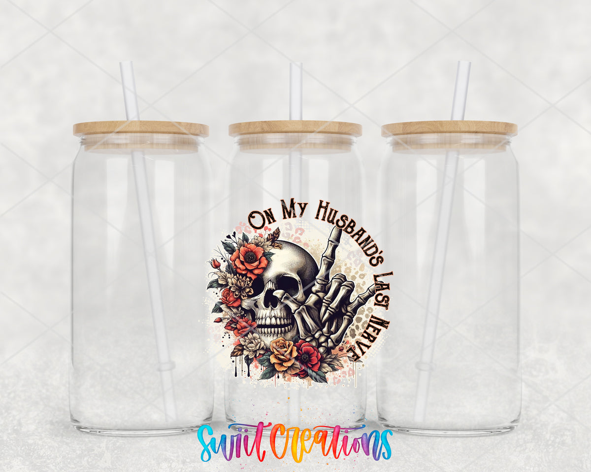 On My Husband's Last Nerve clear glass tumbler group mockup with bamboo lids and straws