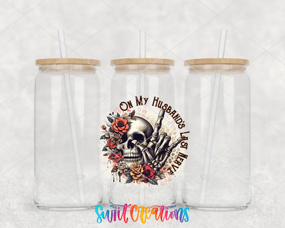 On My Husband's Last Nerve clear glass tumbler group mockup with bamboo lids and straws