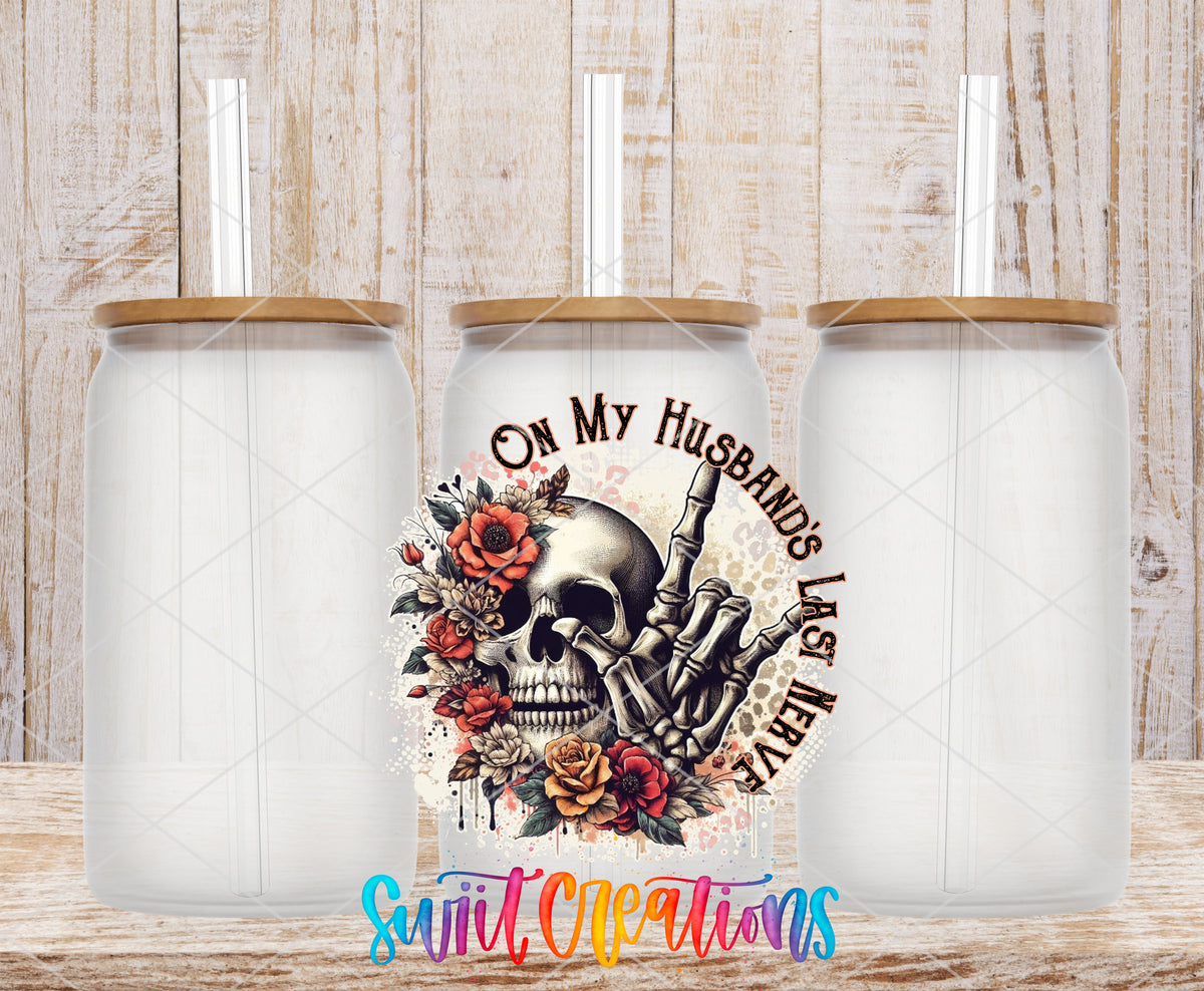 On My Husband's Last Nerve frosted glass tumbler mockup with bamboo lids and straws