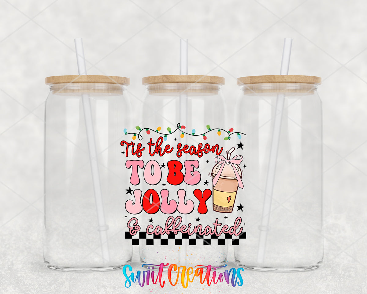 Tis the Season to Be Jolly and Caffeinated clear glass tumbler group mockup with bamboo lids and straws