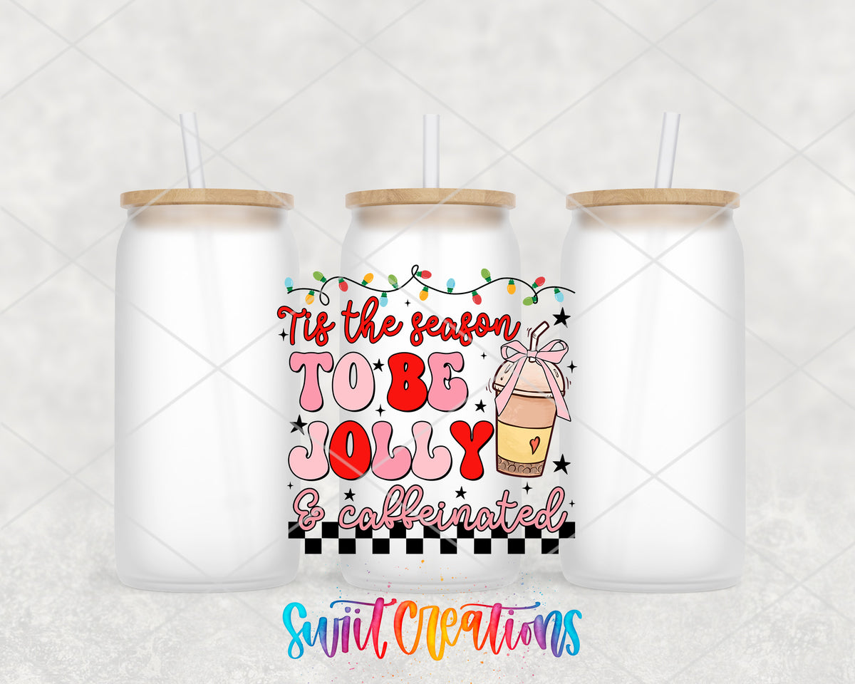 Tis the Season to Be Jolly and Caffeinated frosted glass tumbler group view with lids and straws