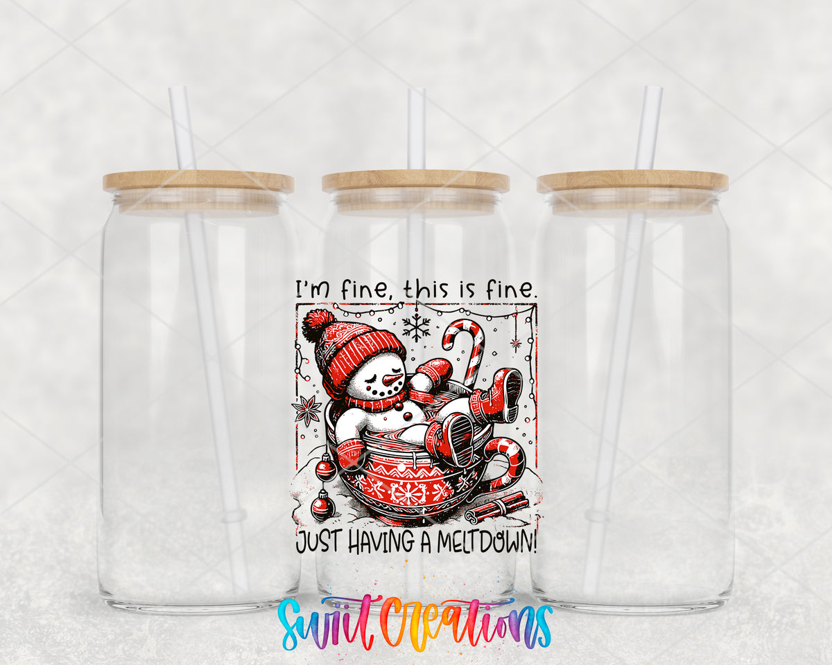 I'm Fine Just Having a Meltdown clear glass tumbler group mockup with bamboo lids and straws