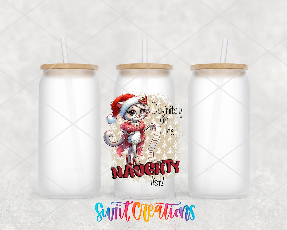 Definitely on the Naughty List frosted glass tumbler group view with lids and straws