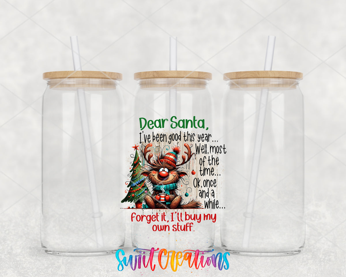 Dear Santa I'll Buy My Own Stuff clear glass tumbler group mockup with bamboo lids and straws