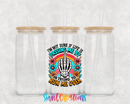 Life Is Passing Me By clear glass tumbler group mockup with bamboo lids and straws