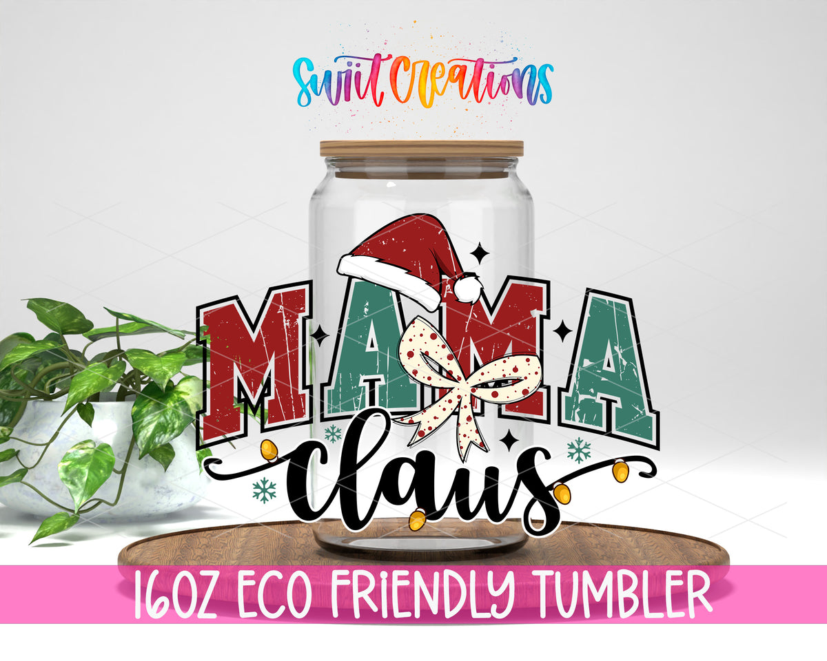 Mama Claus design on a 16 oz clear glass tumbler with bamboo lid