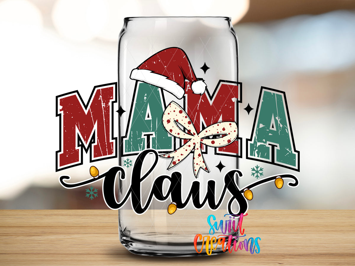 Mama Claus design close-up on a clear glass can tumbler