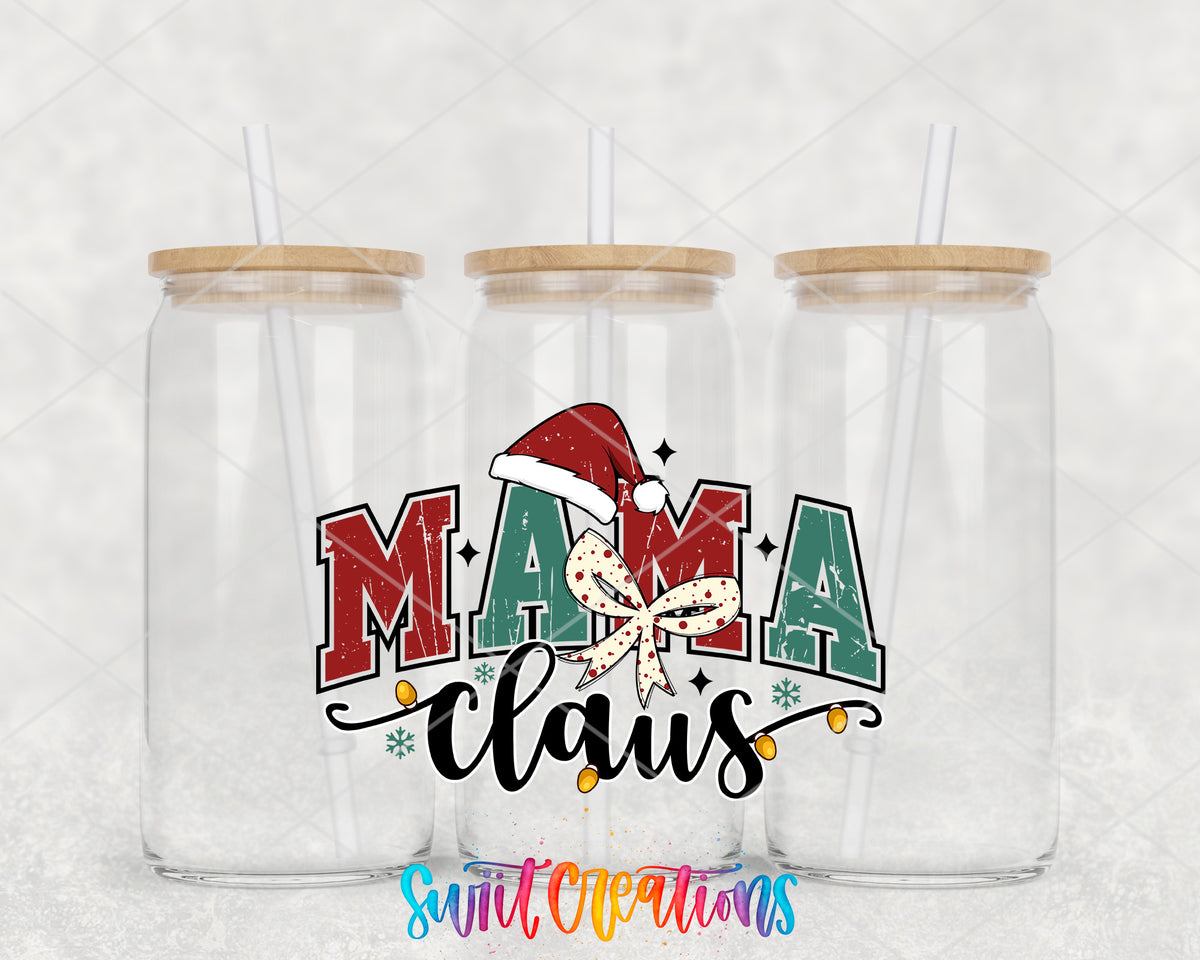 Mama Claus clear glass tumbler group mockup with bamboo lids and straws