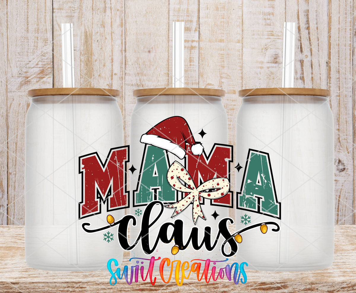 Mama Claus frosted glass tumbler mockup with bamboo lids and straws