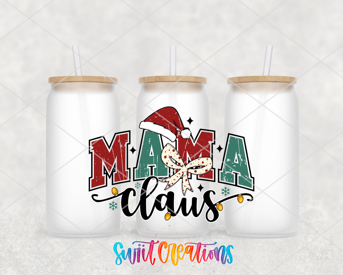Mama Claus frosted glass tumbler group view with lids and straws
