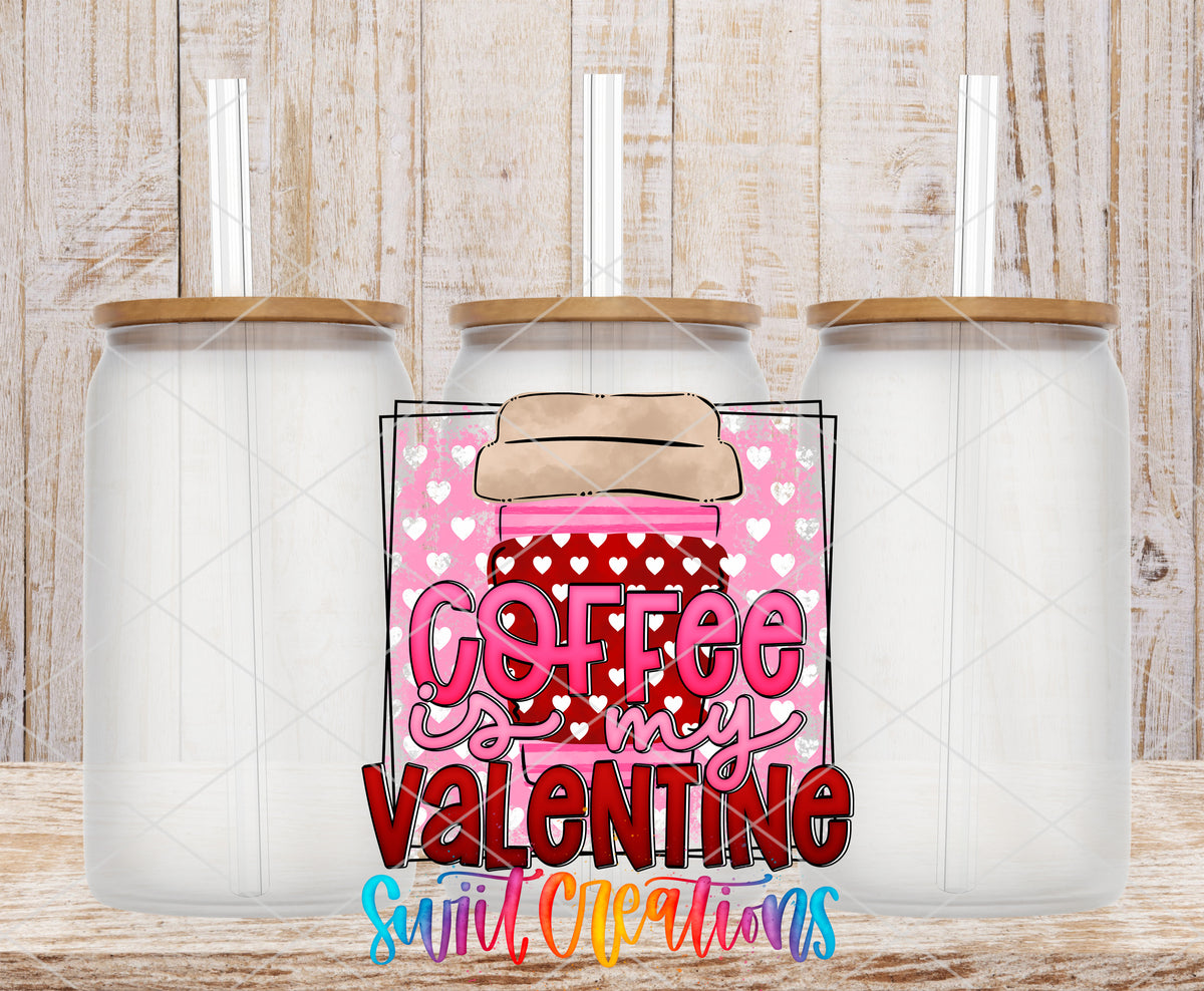 Coffee Is My Valentine frosted glass tumbler mockup with bamboo lids and straws