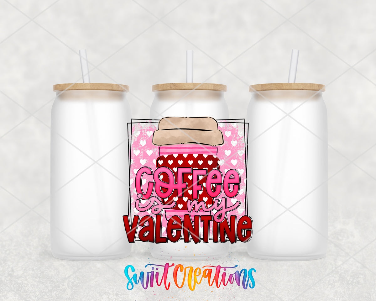 Coffee Is My Valentine frosted glass tumbler group view with lids and straws