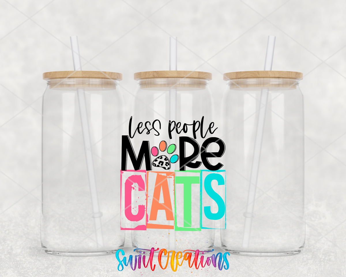 Less People More Cats clear glass tumbler group mockup with bamboo lids and straws