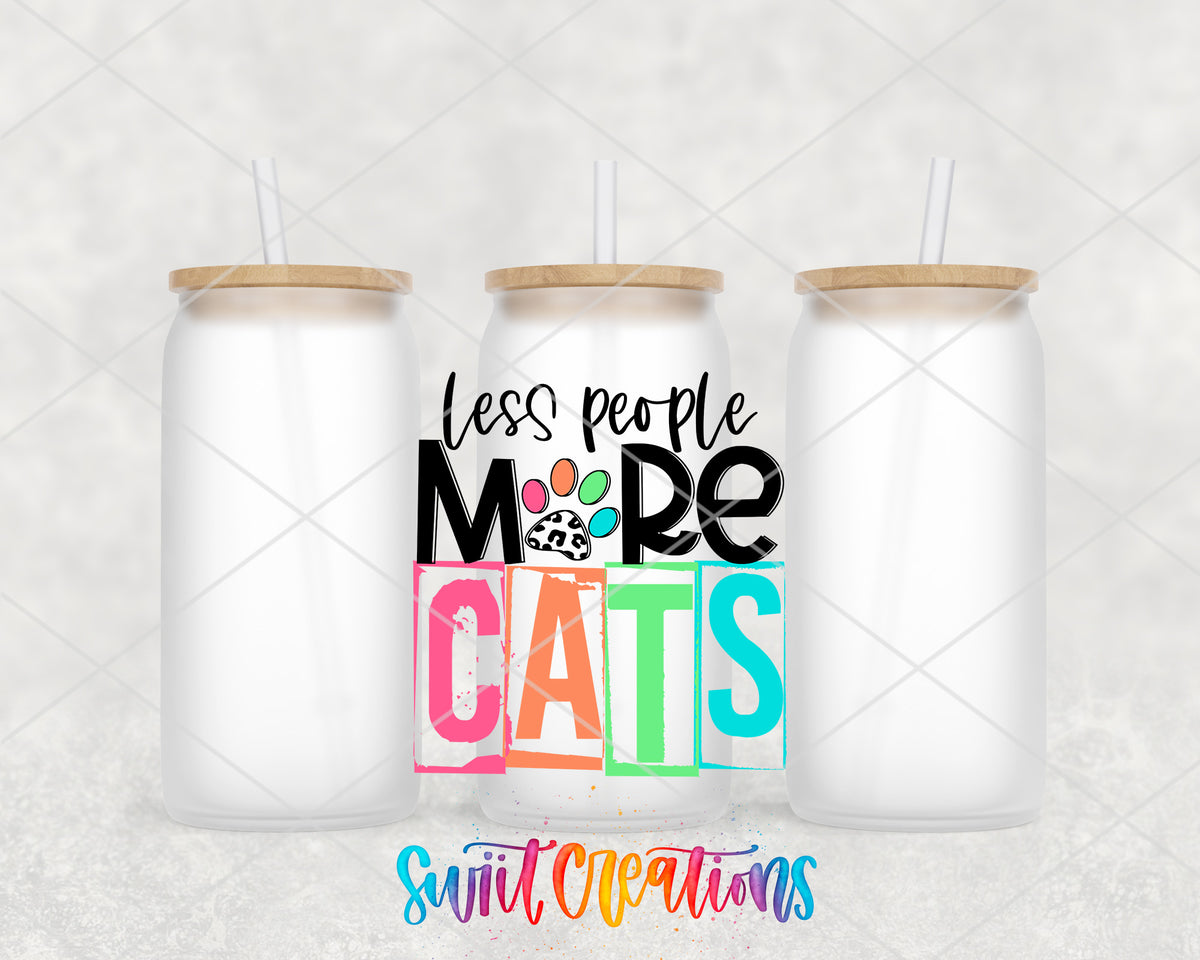 Less People More Cats frosted glass tumbler group view with lids and straws
