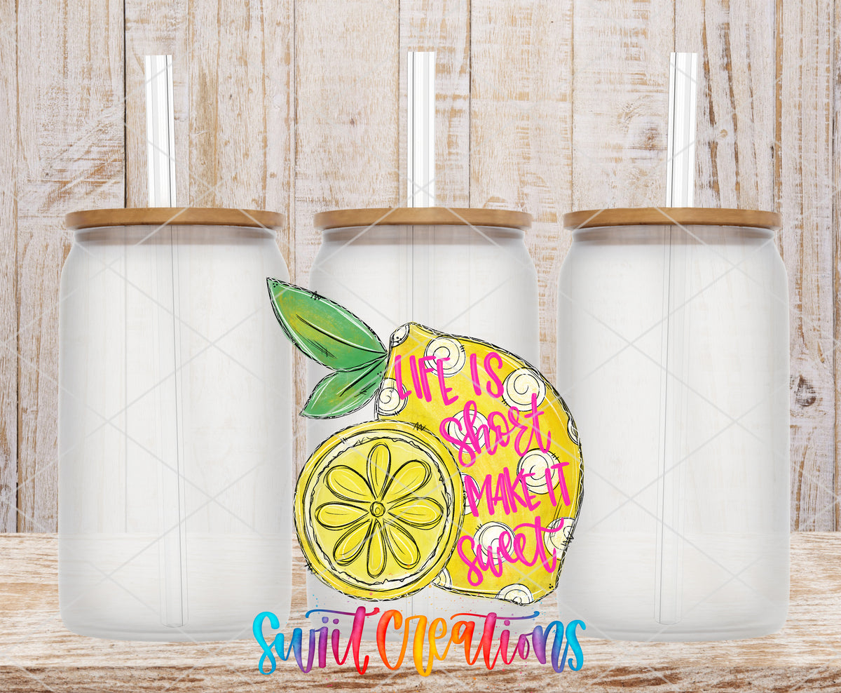 Life Is Short Make It Sweet frosted glass tumbler mockup with bamboo lids and straws