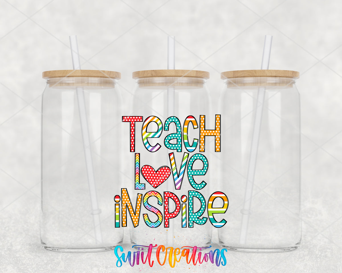 Teach Love Inspire clear glass tumbler group mockup with bamboo lids and straws