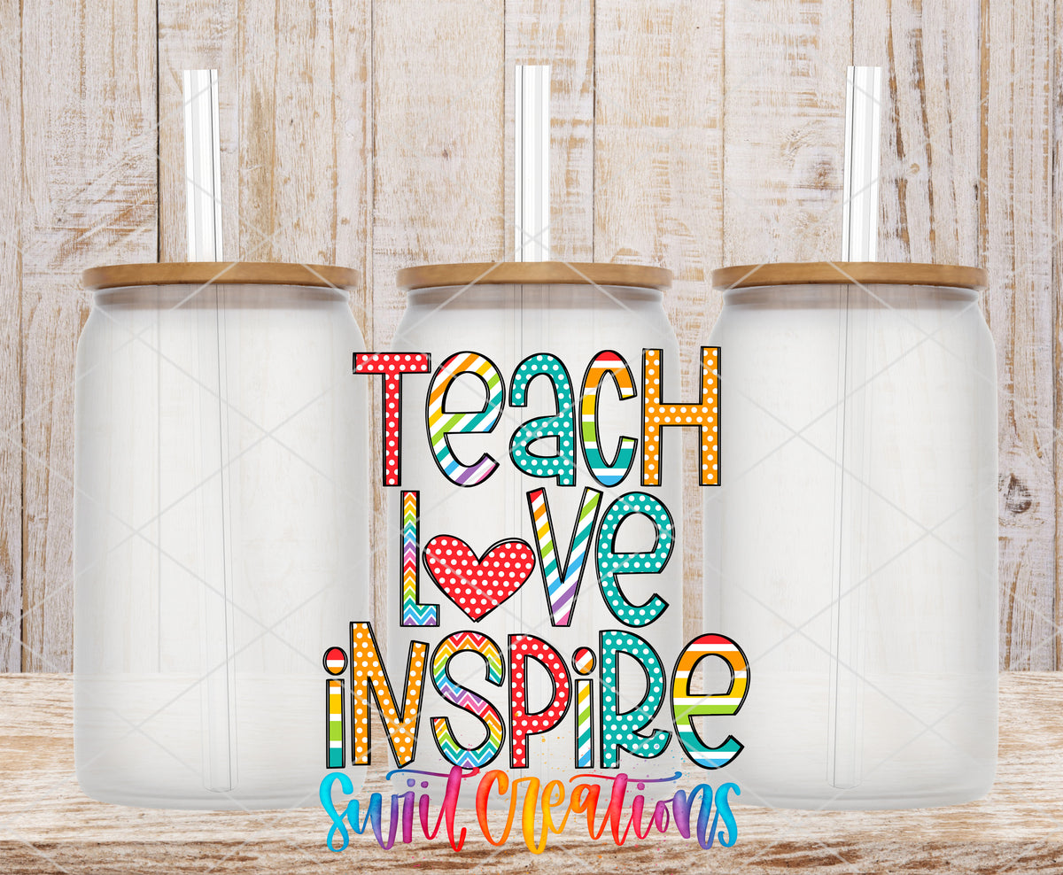 Teach Love Inspire frosted glass tumbler mockup with bamboo lids and straws