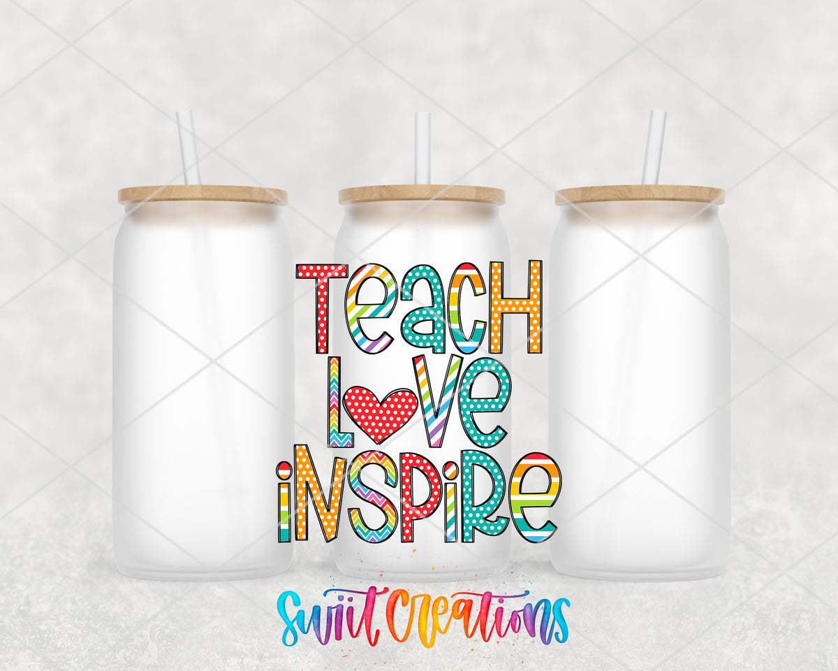 Teach Love Inspire frosted glass tumbler group view with lids and straws
