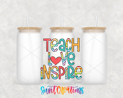 Teach Love Inspire frosted glass tumbler group view with lids and straws