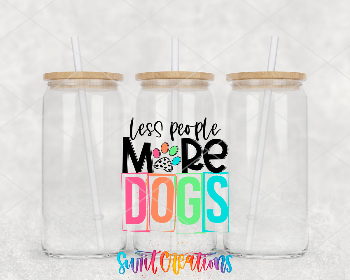 Less People More Dogs clear glass tumbler group mockup with bamboo lids and straws