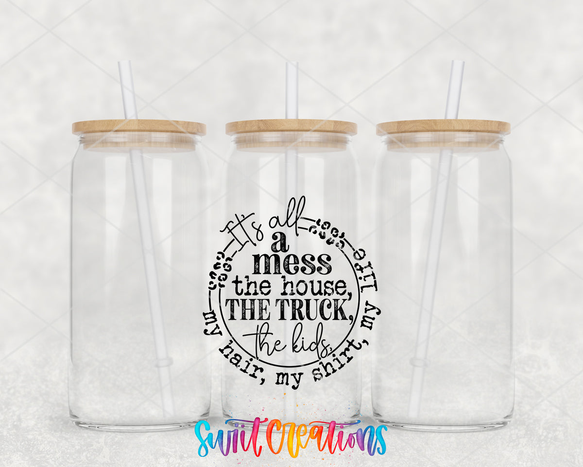 It's All a Mess clear glass tumbler group mockup with bamboo lids and straws