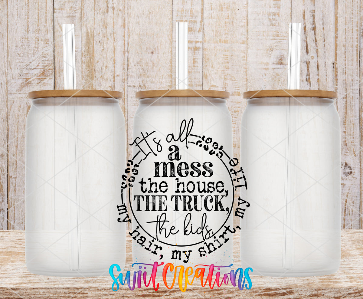 It's All a Mess frosted glass tumbler mockup with bamboo lids and straws