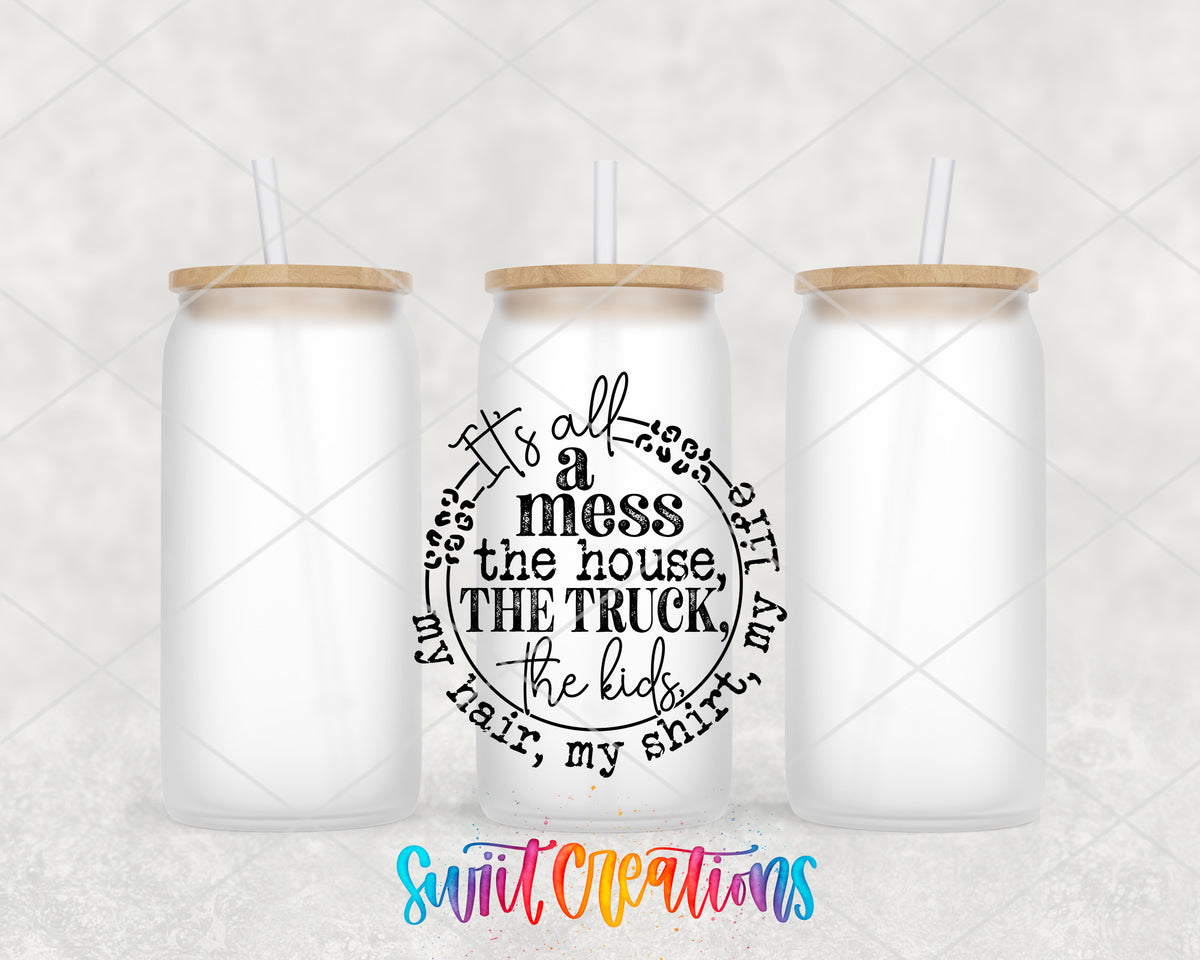 It's All a Mess frosted glass tumbler group view with lids and straws