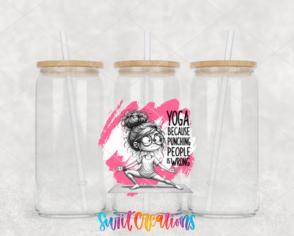 Yoga Because Punching People Is Wrong clear glass tumbler group mockup with bamboo lids and straws