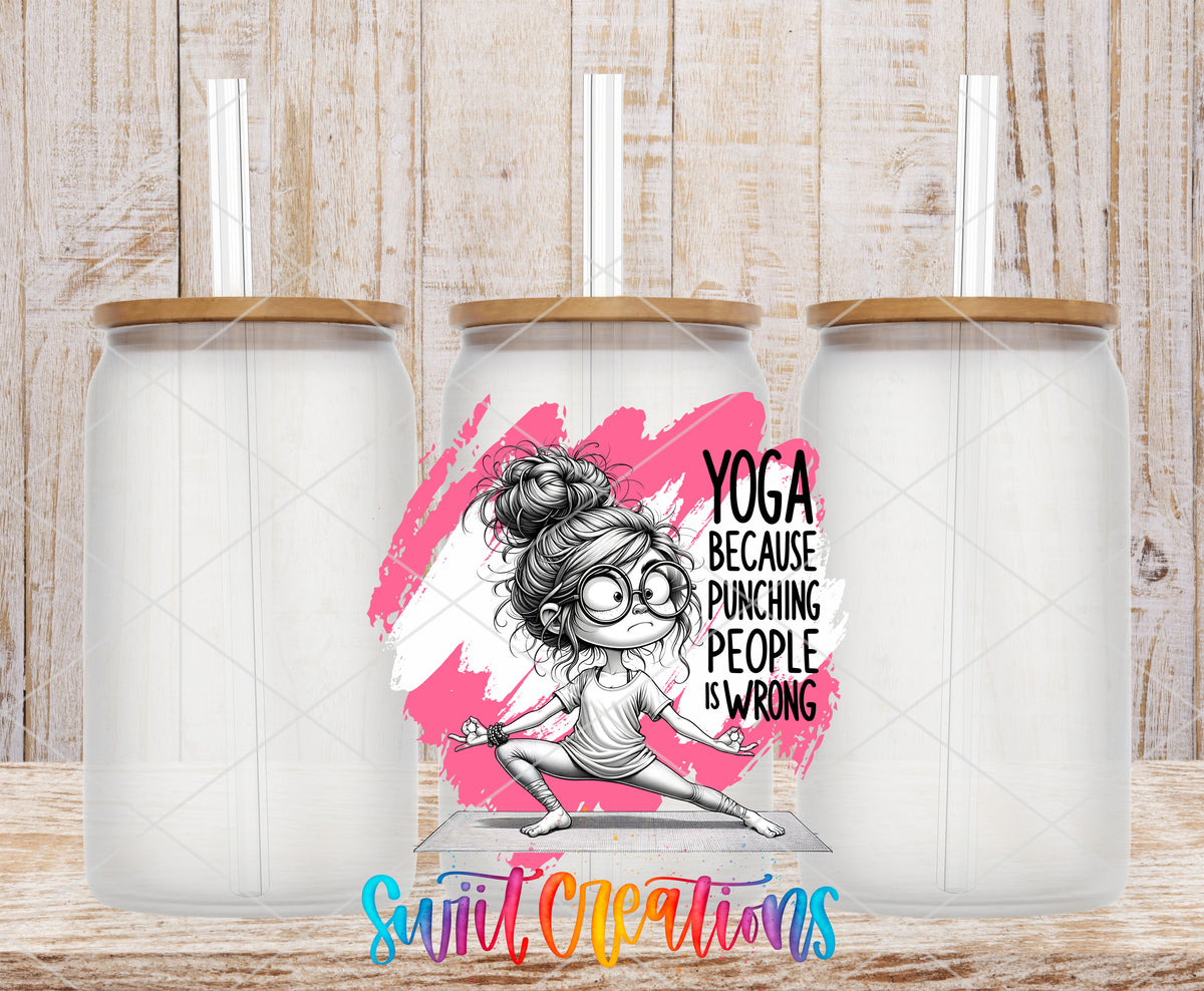 Yoga Because Punching People Is Wrong frosted glass tumbler mockup with bamboo lids and straws