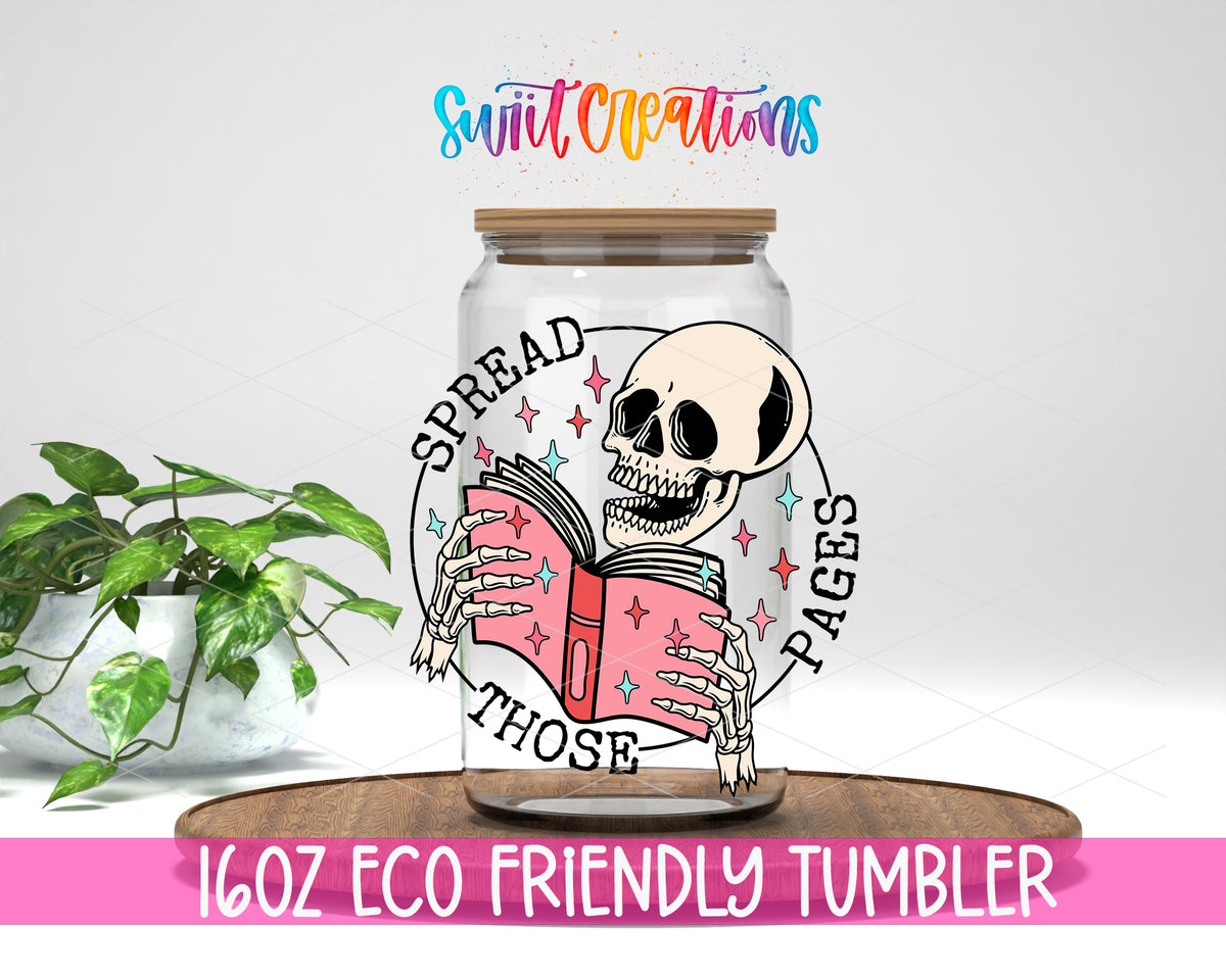 Spread Those Pages design on a 16 oz clear glass tumbler with bamboo lid