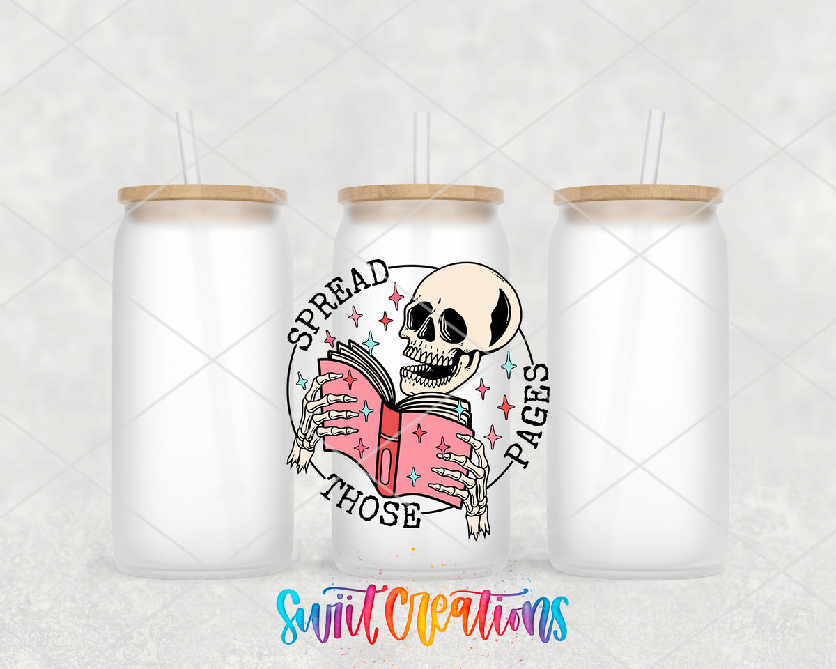 Spread Those Pages frosted glass tumbler group view with lids and straws