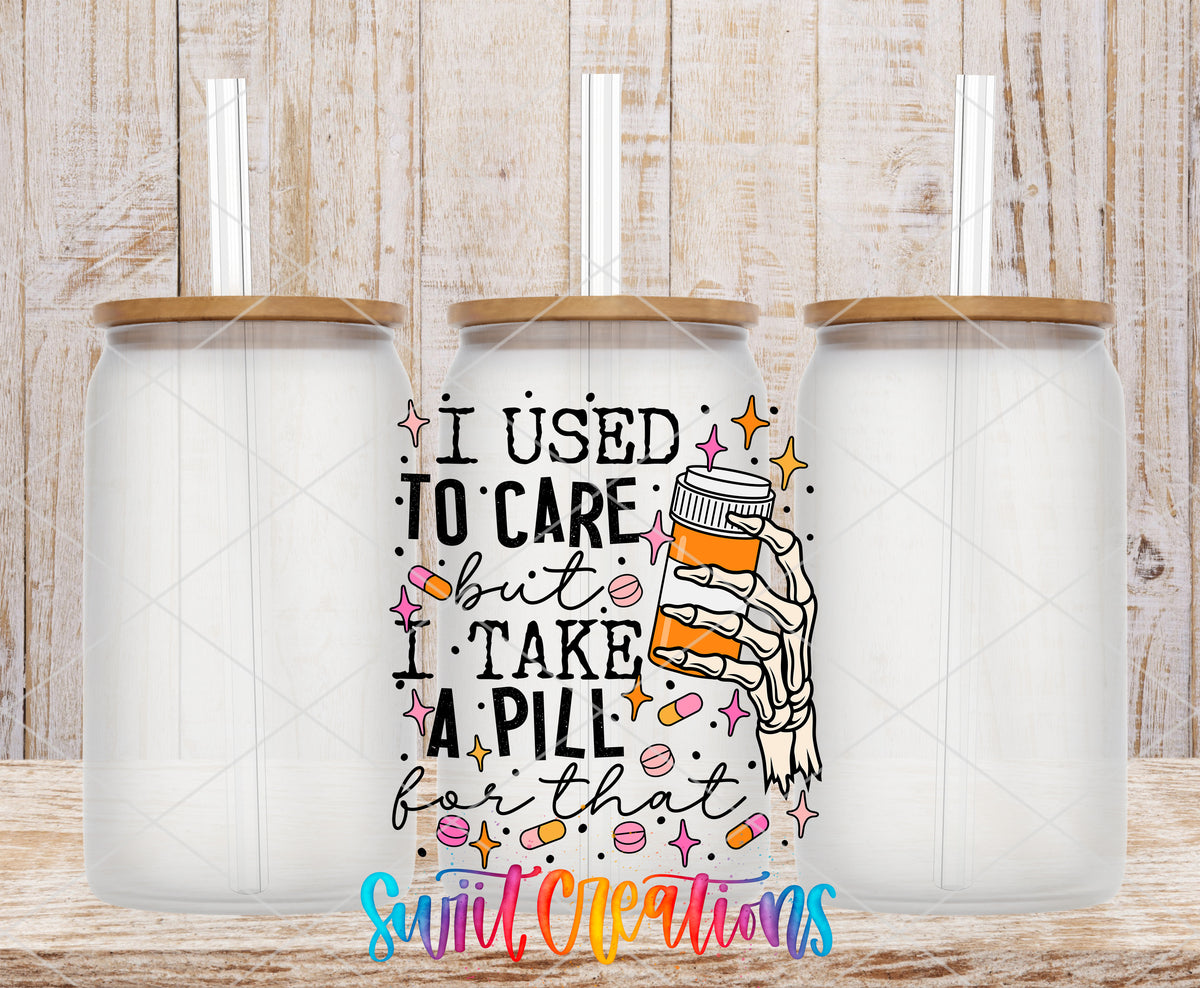 I Used to Care frosted glass tumbler mockup with bamboo lids and straws
